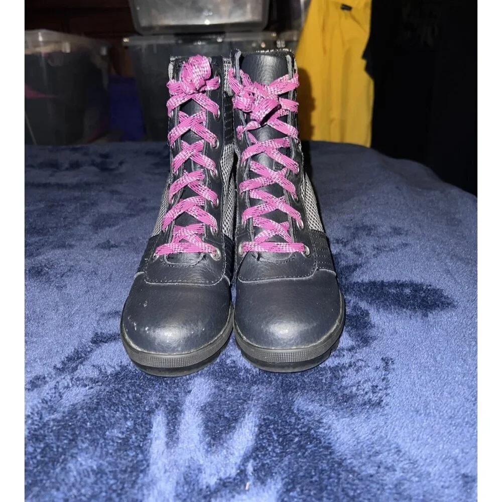 SOREL Girls Lexie Wedge Heel Boots Size 1 Black Checkered Leather Pink Laces
